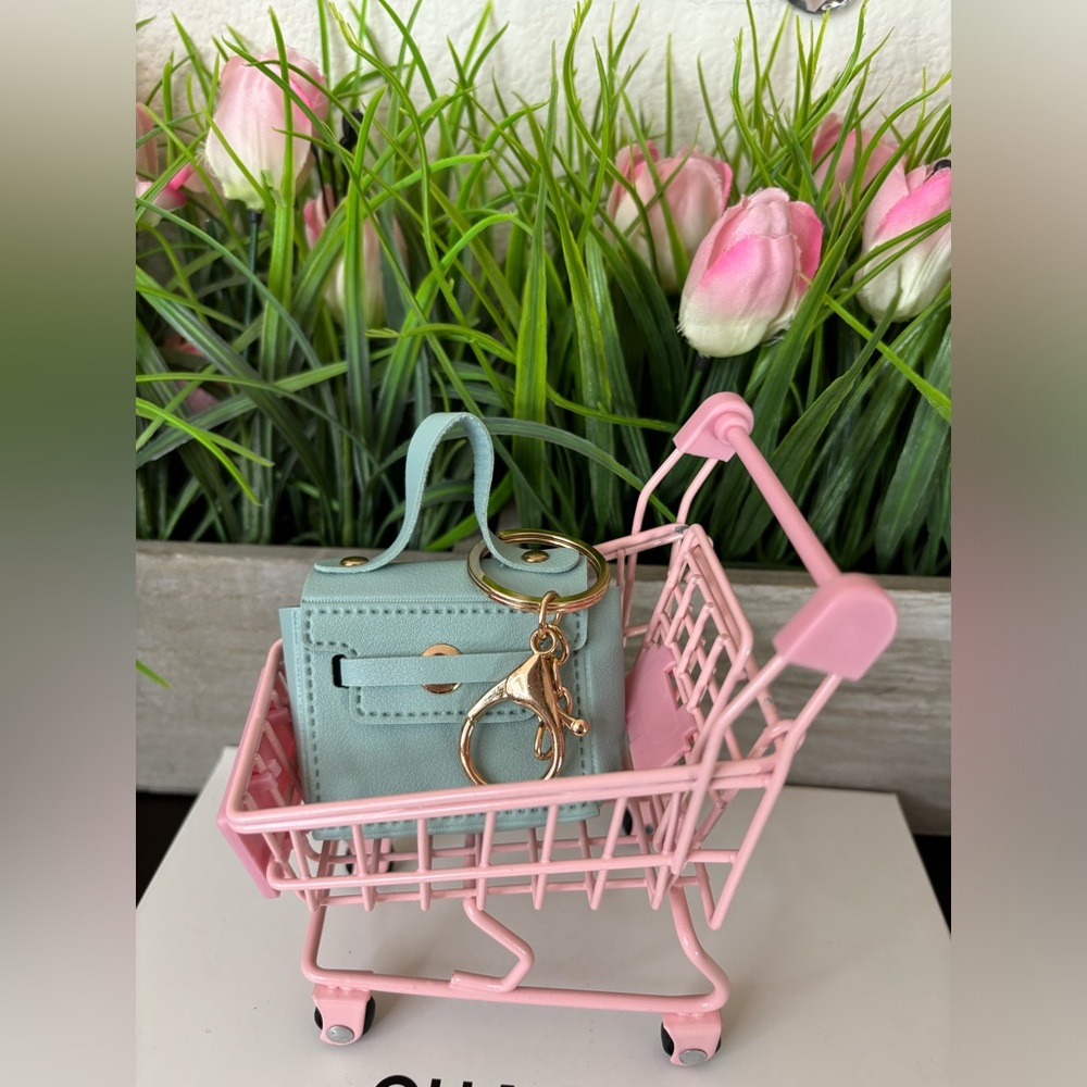 New Boutique Minnie robins egg  color Bag key ring and bag Charm brass hardware